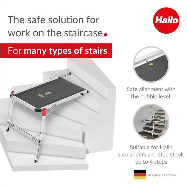 Alt view image 3 of 6 - TP1 Staircase Platform - Length and Height-Adjustable Telescopic Rails and feet - Integrated Bubble Level - Two-Hand Safety Unlocking Mechanism - for use with Step stools & stepladders