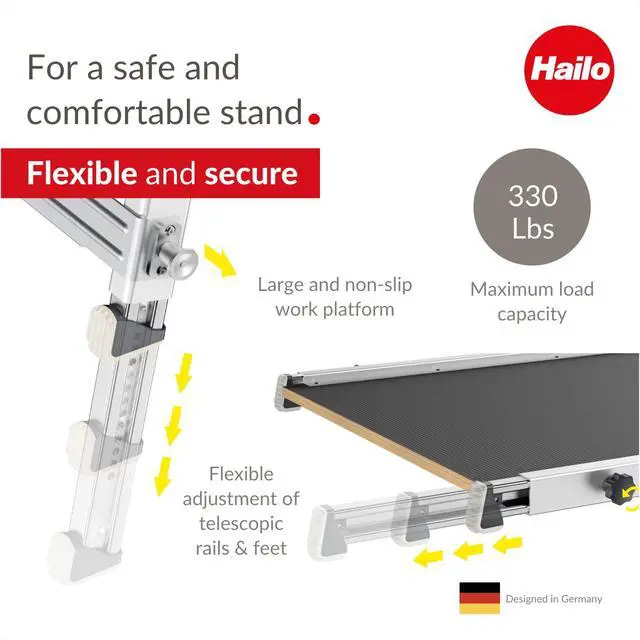 Alt view image 4 of 6 - TP1 Staircase Platform - Length and Height-Adjustable Telescopic Rails and feet - Integrated Bubble Level - Two-Hand Safety Unlocking Mechanism - for use with Step stools & stepladders