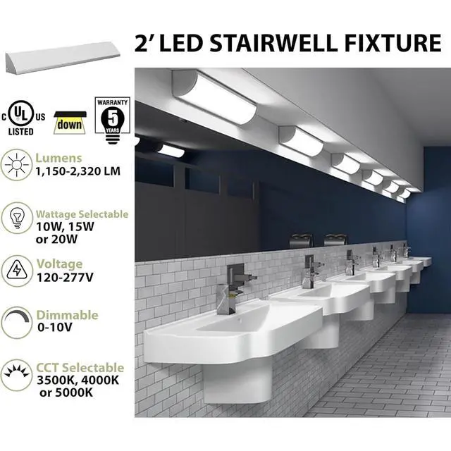 Alt view image 2 of 6 - LED Stairwell & Corridor Light 4600 Lumen Max, Wattage & CCT Selectable, 4-Foot Wall Mount Lighting Fixture for Commercial & Residential Use, 120-277V, White