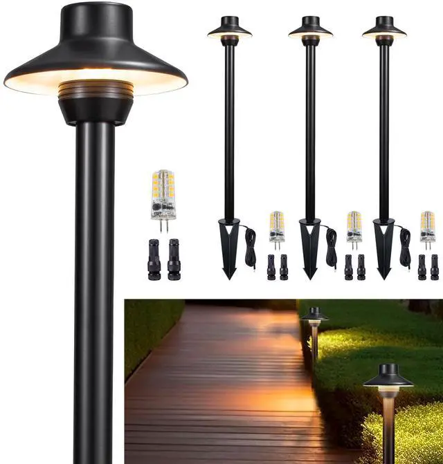 Main image of Outdoor Brass Pathway Lights, Low Voltage Landscape Path Light Wired, 12V Walkway Lighting LED IP65 Waterproof, Hat Black for Outside Garden Yard with 2700K Warm White G4 Bulb (4 Pack)