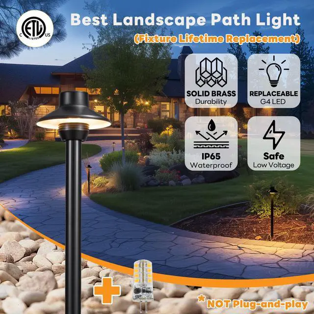 Alt view image 2 of 6 - Outdoor Brass Pathway Lights, Low Voltage Landscape Path Light Wired, 12V Walkway Lighting LED IP65 Waterproof, Hat Black for Outside Garden Yard with 2700K Warm White G4 Bulb (4 Pack)
