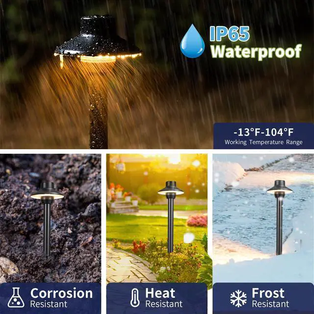 Alt view image 4 of 6 - Outdoor Brass Pathway Lights, Low Voltage Landscape Path Light Wired, 12V Walkway Lighting LED IP65 Waterproof, Hat Black for Outside Garden Yard with 2700K Warm White G4 Bulb (4 Pack)