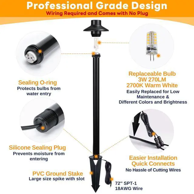 Alt view image 6 of 6 - Outdoor Brass Pathway Lights, Low Voltage Landscape Path Light Wired, 12V Walkway Lighting LED IP65 Waterproof, Hat Black for Outside Garden Yard with 2700K Warm White G4 Bulb (4 Pack)