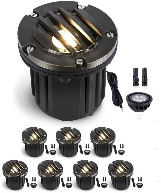 Main image of Low Voltage Landscape Well Lighting - Brass In-Ground Hardwired 12V LED Light, Replaceable Bulb Ip65 Fixture, Antique Bronze for Path Tree Patio with 5000K Daylight White MR16 Bulb