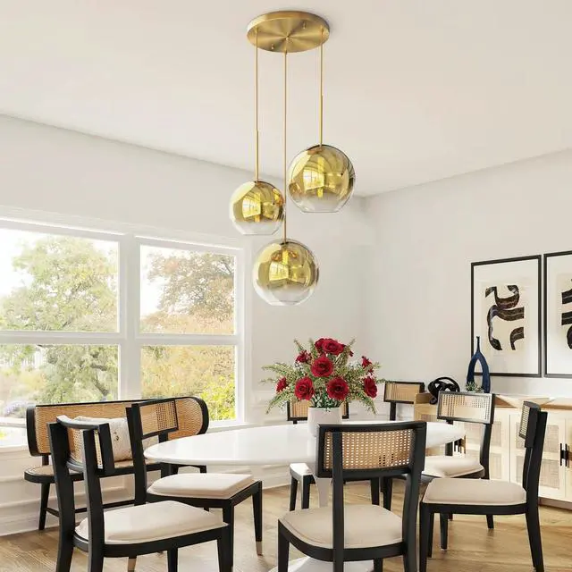 Alt view image 2 of 6 - Modern Globe Pendant Lighting Gradient Gold Glass Pendant Light Fixtures Dining Room Adjustable Hanging Cluster Pendant Lamp Nordic 3-Light Heads Chandeliers Lighting for Kitchen Bedroom