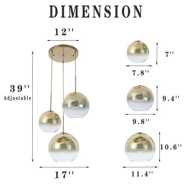 Alt view image 3 of 6 - Modern Globe Pendant Lighting Gradient Gold Glass Pendant Light Fixtures Dining Room Adjustable Hanging Cluster Pendant Lamp Nordic 3-Light Heads Chandeliers Lighting for Kitchen Bedroom