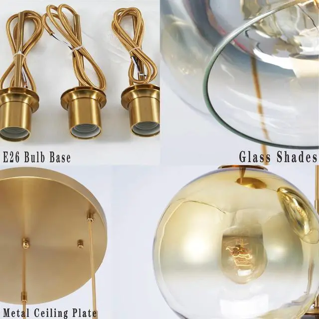 Alt view image 4 of 6 - Modern Globe Pendant Lighting Gradient Gold Glass Pendant Light Fixtures Dining Room Adjustable Hanging Cluster Pendant Lamp Nordic 3-Light Heads Chandeliers Lighting for Kitchen Bedroom