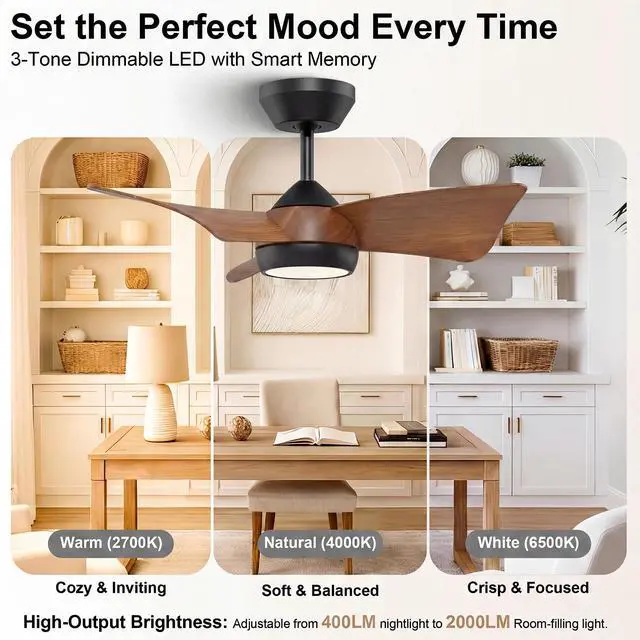 Alt view image 6 of 6 - 30" Small Ceiling Fan with Light Remote Control, Quiet Reversible DC Motor, 6 Speed, Dimmable Memory LED, Modern Ceiling Fan for Bedroom Kids Room, White and Brushed Gold