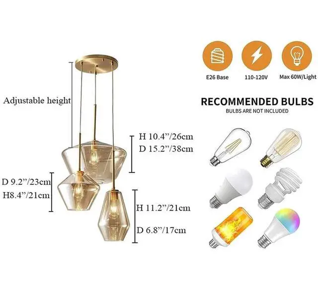 Alt view image 3 of 6 - Modern Glass Pendant Light Champagne Gold Glass Chandelier Lighting Fixtures Dining Room Adjustable Hanging Cluster Pendant Lamp Nordic 3-Light Heads Pendant Lighting for Kitchen Bedroom