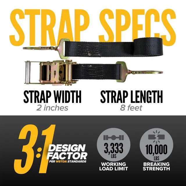 Alt view image 2 of 6 - Twisted Snap Hook Ratchet Straps 2 Inch x 8 Foot (4-Pack), 10,000 LBS Break Strength, Car Tie Down Straps for Trailers, Tie Down Cars, Motorcycles, Race Cars - Low-Profile Ratchet