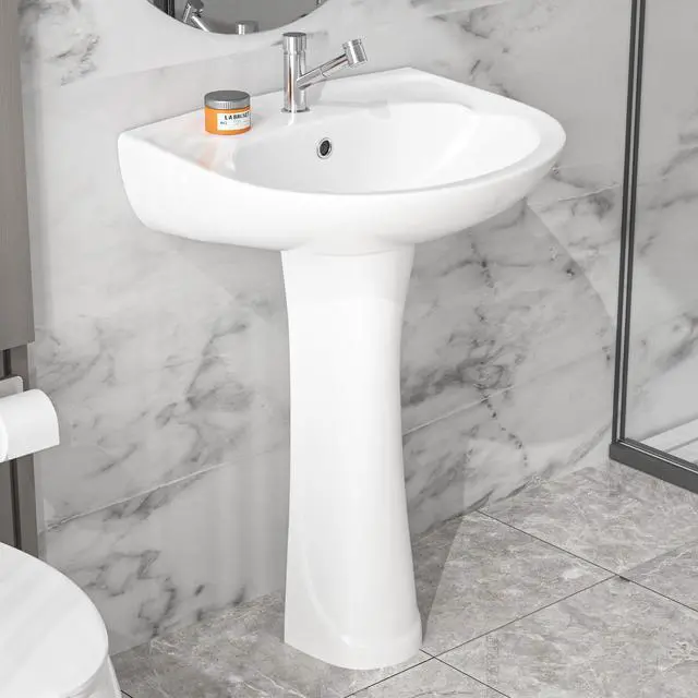Main image of Pedestal Sink White 1 Hole, 21 x 19 Inch Bathroom Pedestal Sink Combo, 1 Overflow Hole, 1 Faucet Hole, Pure White Porcelain, Semi-Circular, for Bathroom, Laundry