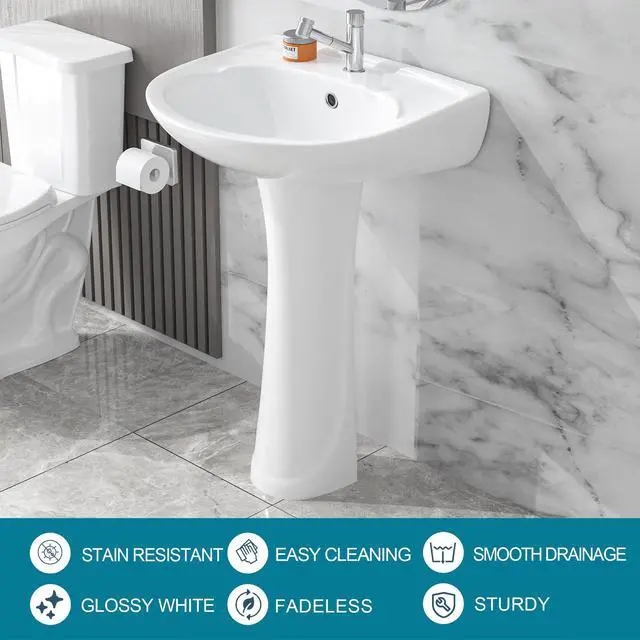 Alt view image 2 of 6 - Pedestal Sink White 1 Hole, 21 x 19 Inch Bathroom Pedestal Sink Combo, 1 Overflow Hole, 1 Faucet Hole, Pure White Porcelain, Semi-Circular, for Bathroom, Laundry