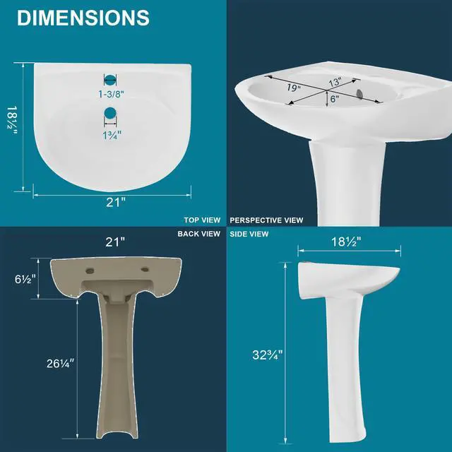 Alt view image 3 of 6 - Pedestal Sink White 1 Hole, 21 x 19 Inch Bathroom Pedestal Sink Combo, 1 Overflow Hole, 1 Faucet Hole, Pure White Porcelain, Semi-Circular, for Bathroom, Laundry