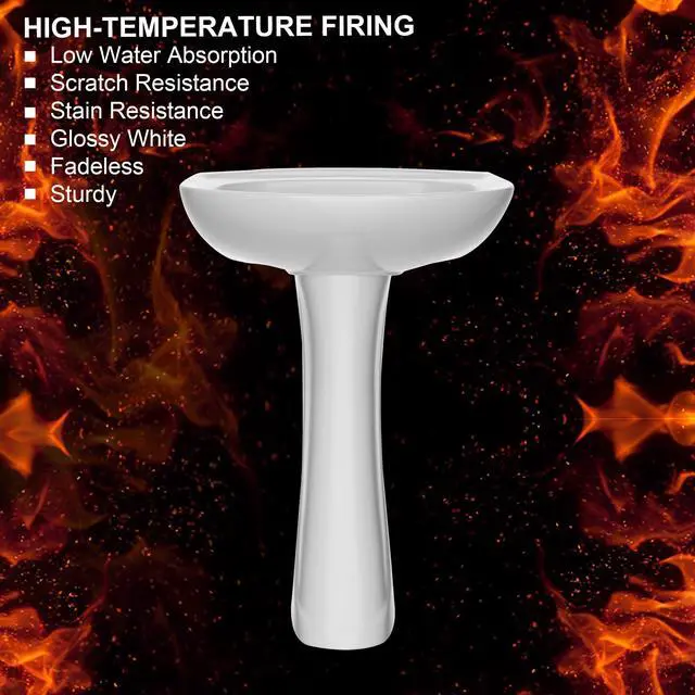 Alt view image 4 of 6 - Pedestal Sink White 1 Hole, 21 x 19 Inch Bathroom Pedestal Sink Combo, 1 Overflow Hole, 1 Faucet Hole, Pure White Porcelain, Semi-Circular, for Bathroom, Laundry
