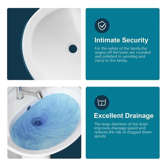 Alt view image 5 of 6 - Pedestal Sink White 1 Hole, 21 x 19 Inch Bathroom Pedestal Sink Combo, 1 Overflow Hole, 1 Faucet Hole, Pure White Porcelain, Semi-Circular, for Bathroom, Laundry
