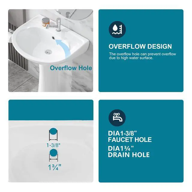 Alt view image 6 of 6 - Pedestal Sink White 1 Hole, 21 x 19 Inch Bathroom Pedestal Sink Combo, 1 Overflow Hole, 1 Faucet Hole, Pure White Porcelain, Semi-Circular, for Bathroom, Laundry