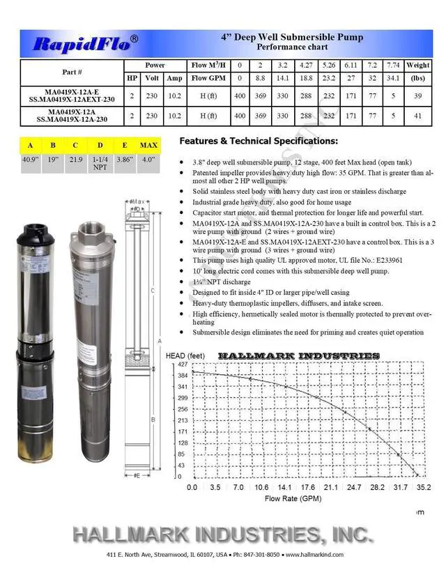 Alt view image 4 of 6 - Hallmark Industries Deep Well Submersible Pump, 2 HP, 230V, 35 Gpm, 400 feet, All Stainless Steel