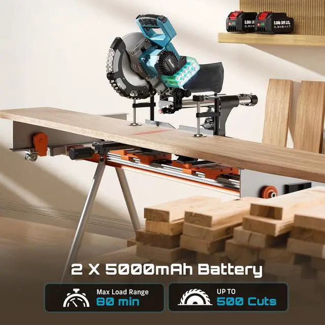 Alt view image 3 of 6 - Sliding Compound Miter Saw: Cordless Power Miter Saw with Laser Guide 8-Inch, 2 * 5000 mAh Batteries, Single Bevel 45°, 24T TCT Blade, Max Cut 2.5×12-inch, Ideal for DIY & Woodworking