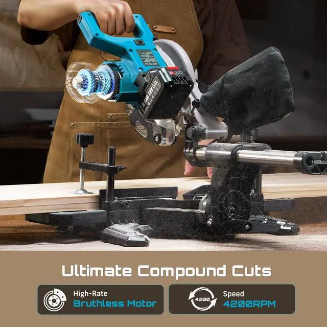 Alt view image 4 of 6 - Sliding Compound Miter Saw: Cordless Power Miter Saw with Laser Guide 8-Inch, 2 * 5000 mAh Batteries, Single Bevel 45°, 24T TCT Blade, Max Cut 2.5×12-inch, Ideal for DIY & Woodworking