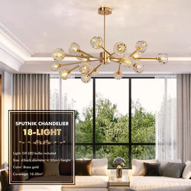Alt view image 2 of 6 - Modern Sputnik Chandelier 18-Light Crystal Pendant 43" LED Ceiling Light Pendant, Cut Crystal with G9 LED Bulbs (Gold)