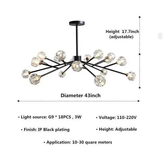 Alt view image 3 of 6 - Modern Sputnik Chandelier 18-Light Crystal Pendant 43" LED Ceiling Light Pendant, Cut Crystal with G9 LED Bulbs (Black)