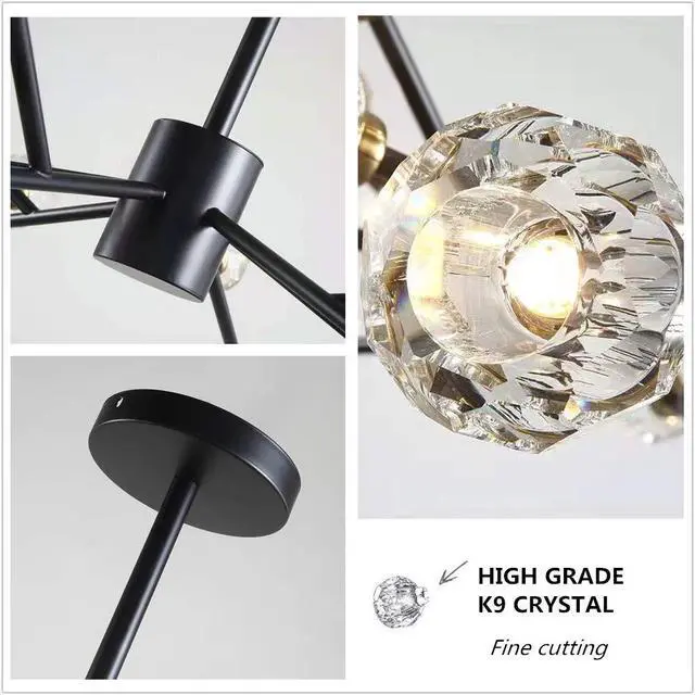 Alt view image 6 of 6 - Modern Sputnik Chandelier 18-Light Crystal Pendant 43" LED Ceiling Light Pendant, Cut Crystal with G9 LED Bulbs (Black)