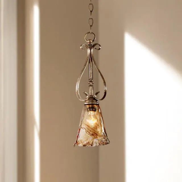 Alt view image 5 of 6 - Amber Scroll Golden Bronze Mini Pendant Lighting Fixture 6" Wide Farmhouse Rustic Art Glass for Cottage Core Dining Room Living House Home Foyer Kitchen Island Entryway High