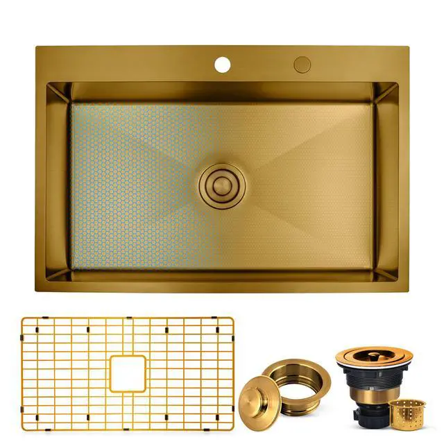 Main image of Strictly Sinks Dual Mount Kitchen Sink 33 Inch 16 Gauge Embossed Hexagon Texture Kitchen Sink with Grid, 1 Strainer Drain, 1 Garbage Disposal Adapter & Clips (Gold)