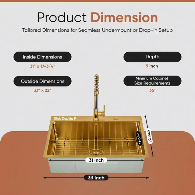 Alt view image 2 of 6 - Strictly Sinks Dual Mount Kitchen Sink 33 Inch 16 Gauge Embossed Hexagon Texture Kitchen Sink with Grid, 1 Strainer Drain, 1 Garbage Disposal Adapter & Clips (Gold)