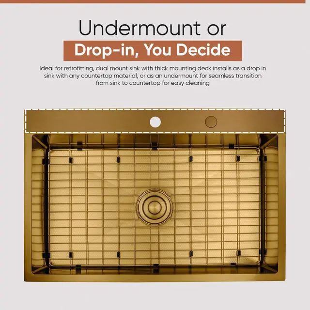 Alt view image 3 of 6 - Strictly Sinks Dual Mount Kitchen Sink 33 Inch 16 Gauge Embossed Hexagon Texture Kitchen Sink with Grid, 1 Strainer Drain, 1 Garbage Disposal Adapter & Clips (Gold)
