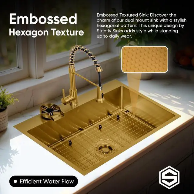Alt view image 4 of 6 - Strictly Sinks Dual Mount Kitchen Sink 33 Inch 16 Gauge Embossed Hexagon Texture Kitchen Sink with Grid, 1 Strainer Drain, 1 Garbage Disposal Adapter & Clips (Gold)