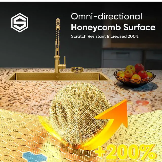 Alt view image 5 of 6 - Strictly Sinks Dual Mount Kitchen Sink 33 Inch 16 Gauge Embossed Hexagon Texture Kitchen Sink with Grid, 1 Strainer Drain, 1 Garbage Disposal Adapter & Clips (Gold)