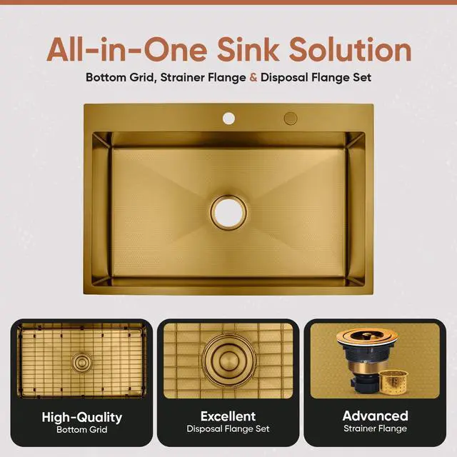 Alt view image 6 of 6 - Strictly Sinks Dual Mount Kitchen Sink 33 Inch 16 Gauge Embossed Hexagon Texture Kitchen Sink with Grid, 1 Strainer Drain, 1 Garbage Disposal Adapter & Clips (Gold)