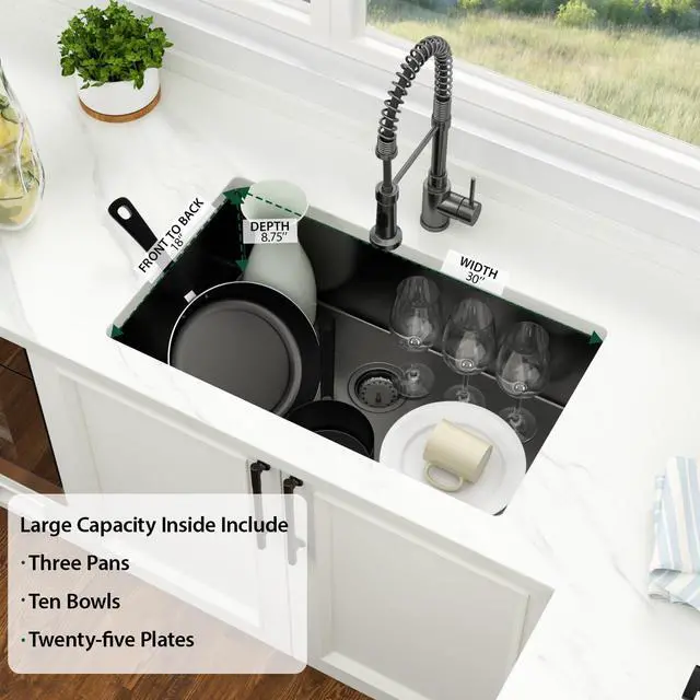 Alt view image 3 of 6 - 30 Inch Gunmetal Black Undermount Kitchen Sink, 30 x 18 Inch Undermount Sink Stainless Steel 18 Gauge Single Bowl Handmade Sinks Ledge Deep Under Counter Basin, 30"x18"x9"