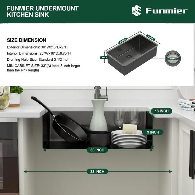 Alt view image 5 of 6 - 30 Inch Gunmetal Black Undermount Kitchen Sink, 30 x 18 Inch Undermount Sink Stainless Steel 18 Gauge Single Bowl Handmade Sinks Ledge Deep Under Counter Basin, 30"x18"x9"