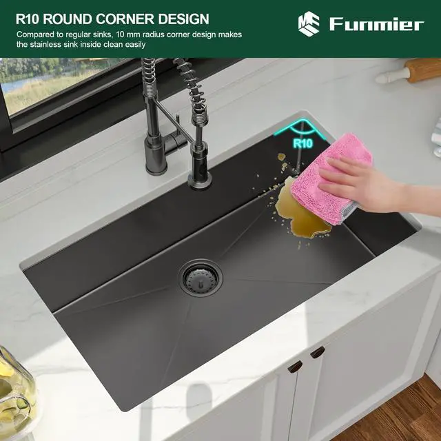 Alt view image 6 of 6 - 30 Inch Gunmetal Black Undermount Kitchen Sink, 30 x 18 Inch Undermount Sink Stainless Steel 18 Gauge Single Bowl Handmade Sinks Ledge Deep Under Counter Basin, 30"x18"x9"