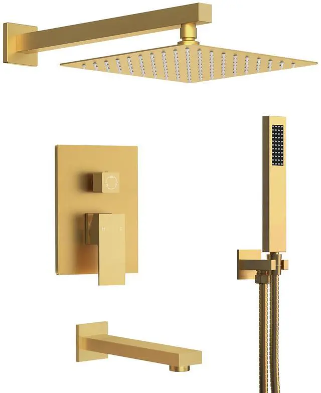 Main image of Shower Tub Faucet Set, 10" Bathroom Rainfall Shower Head Fixtures Combo with Handheld Spray and Tub Spout, Brushed Gold (Valve Included)