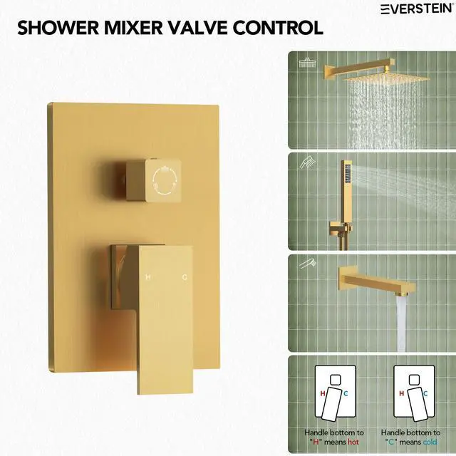 Alt view image 2 of 6 - Shower Tub Faucet Set, 10" Bathroom Rainfall Shower Head Fixtures Combo with Handheld Spray and Tub Spout, Brushed Gold (Valve Included)