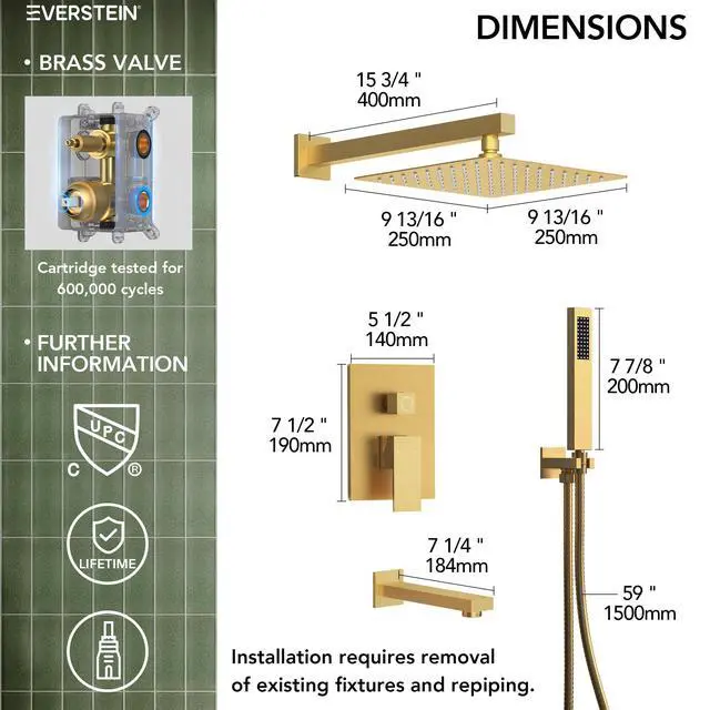 Alt view image 4 of 6 - Shower Tub Faucet Set, 10" Bathroom Rainfall Shower Head Fixtures Combo with Handheld Spray and Tub Spout, Brushed Gold (Valve Included)