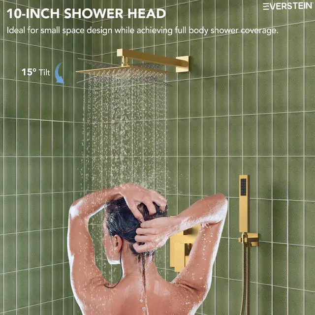 Alt view image 5 of 6 - Shower Tub Faucet Set, 10" Bathroom Rainfall Shower Head Fixtures Combo with Handheld Spray and Tub Spout, Brushed Gold (Valve Included)