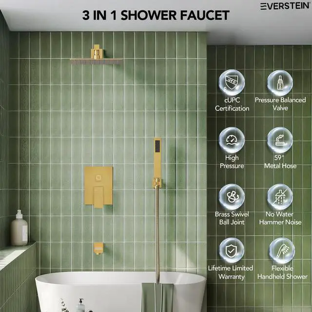 Alt view image 6 of 6 - Shower Tub Faucet Set, 10" Bathroom Rainfall Shower Head Fixtures Combo with Handheld Spray and Tub Spout, Brushed Gold (Valve Included)