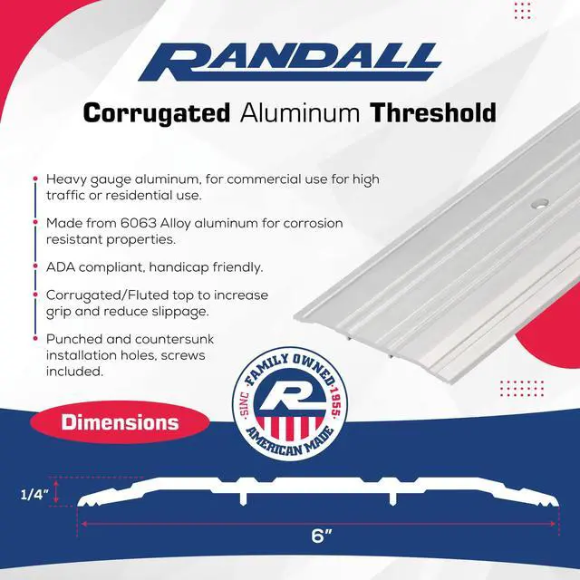 Alt view image 2 of 4 - 8 FT - 6" Wide x 1/4" High Fluted Aluminum Door Threshold, 96" Long Exterior Door Threshold, Metal Transition Strip for Doorways, Door Saddle with Screws, Silver, Made in USA