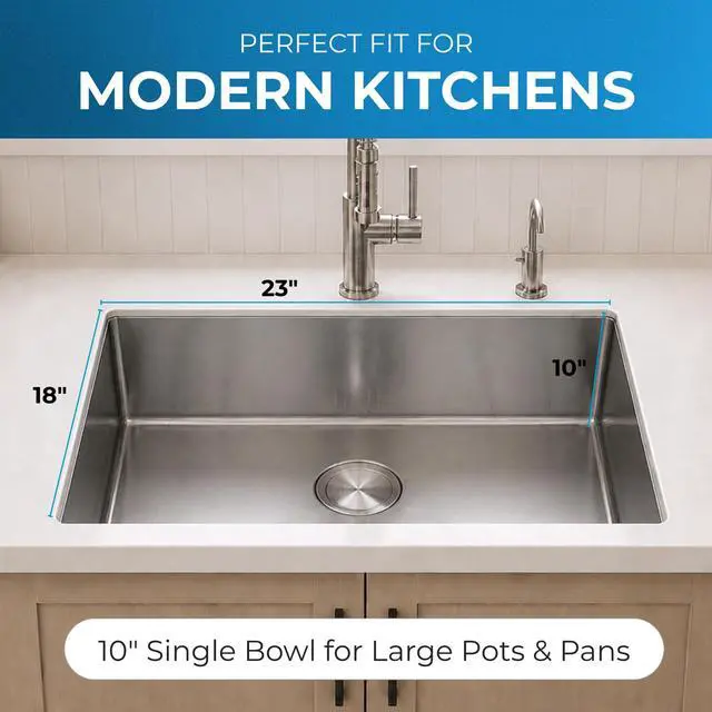 Alt view image 3 of 6 - Zuhnë Modena 23-Inch Undermount Kitchen Sink, Single Bowl 16 Gauge T304 18/10 Stainless Steel, Brushed Finish, Sound Guard, 23 x 18 x 10 in