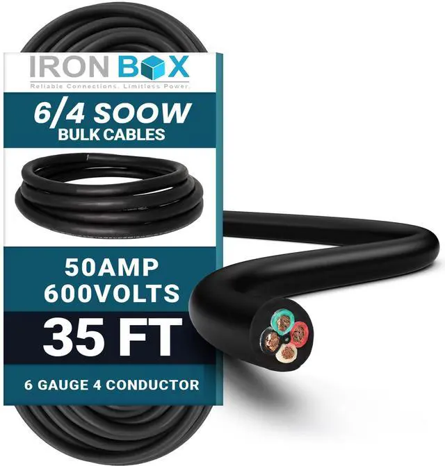 Main image of IronBox Electric - 6/4 SOOW Bulk Cable - 6 Gauge 4 Conductor - Rated for 600V, 50A - Water & Oil Resistant Cable for Industrial & Residential Use - Ideal for Generators,Circuits,Data Centers(35 Foot)