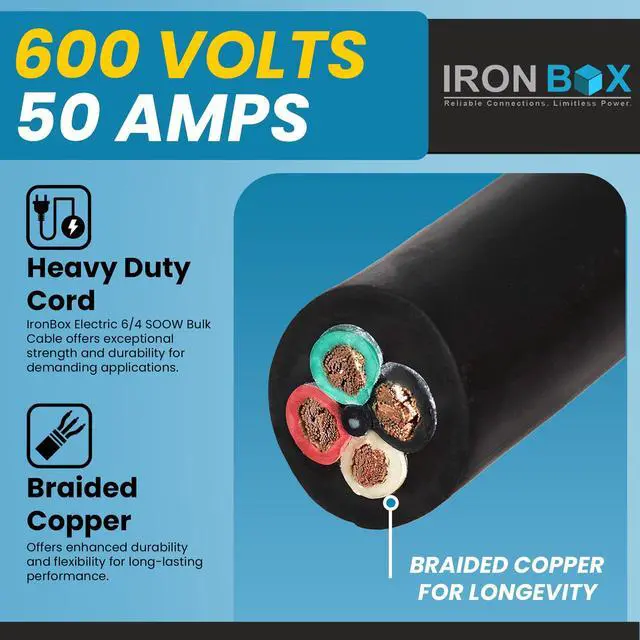 Alt view image 3 of 6 - IronBox Electric - 6/4 SOOW Bulk Cable - 6 Gauge 4 Conductor - Rated for 600V, 50A - Water & Oil Resistant Cable for Industrial & Residential Use - Ideal for Generators,Circuits,Data Centers(35 Foot)