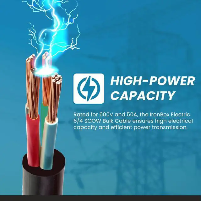 Alt view image 6 of 6 - IronBox Electric - 6/4 SOOW Bulk Cable - 6 Gauge 4 Conductor - Rated for 600V, 50A - Water & Oil Resistant Cable for Industrial & Residential Use - Ideal for Generators,Circuits,Data Centers(35 Foot)