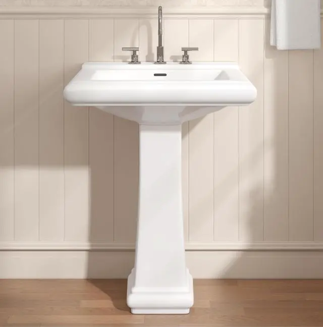 Main image of 26"W x 20"D Large Bathroom Pedestal Sink, Glossy White Vitreous China, Ceramic Porcelain, 3 Pre-Drilled Faucet Holes for 8-Inch Widespread, Built-in Overflow