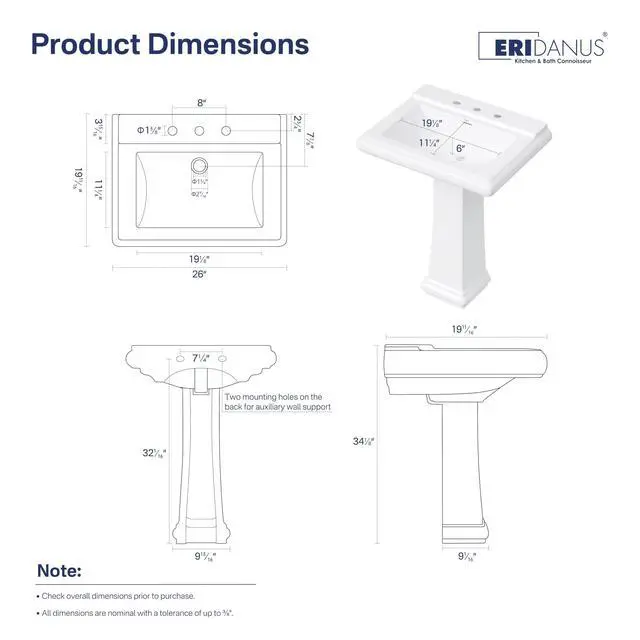 Alt view image 2 of 6 - 26"W x 20"D Large Bathroom Pedestal Sink, Glossy White Vitreous China, Ceramic Porcelain, 3 Pre-Drilled Faucet Holes for 8-Inch Widespread, Built-in Overflow