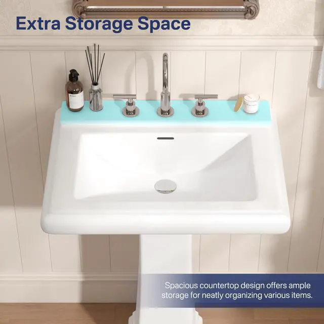 Alt view image 4 of 6 - 26"W x 20"D Large Bathroom Pedestal Sink, Glossy White Vitreous China, Ceramic Porcelain, 3 Pre-Drilled Faucet Holes for 8-Inch Widespread, Built-in Overflow