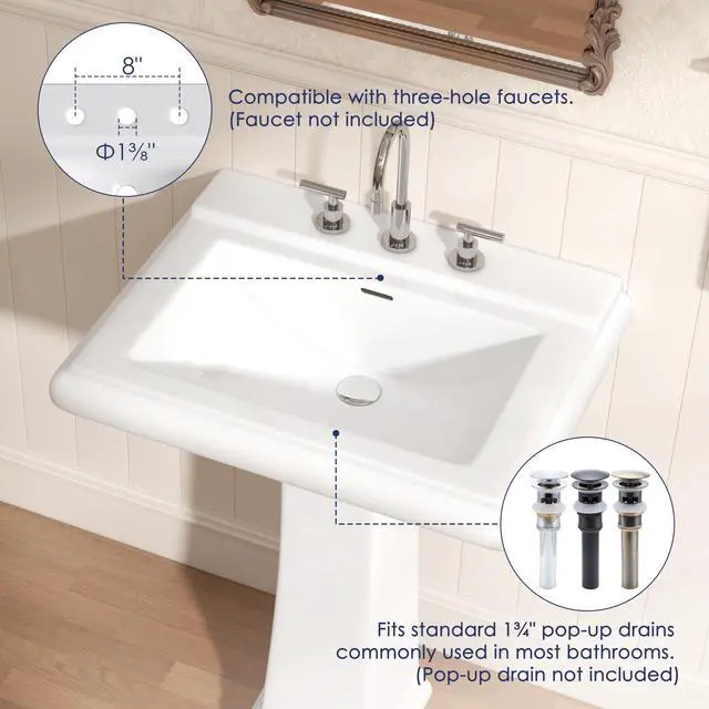 Alt view image 5 of 6 - 26"W x 20"D Large Bathroom Pedestal Sink, Glossy White Vitreous China, Ceramic Porcelain, 3 Pre-Drilled Faucet Holes for 8-Inch Widespread, Built-in Overflow